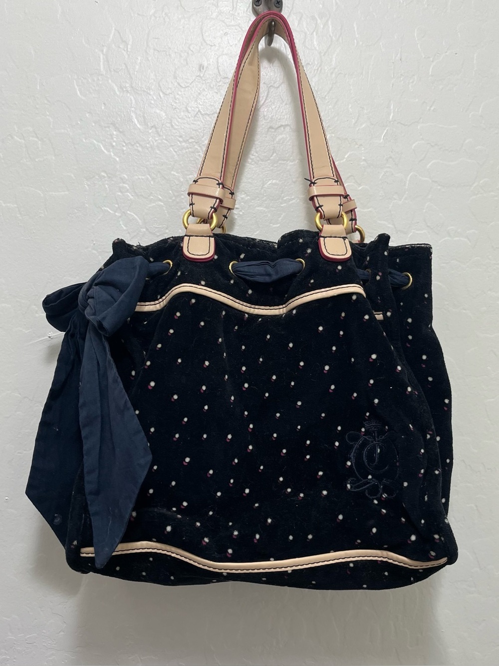 Vtg Juicy Couture Daydreamer Tote Bag Velour Pink White Polka Dot Bow Y2K